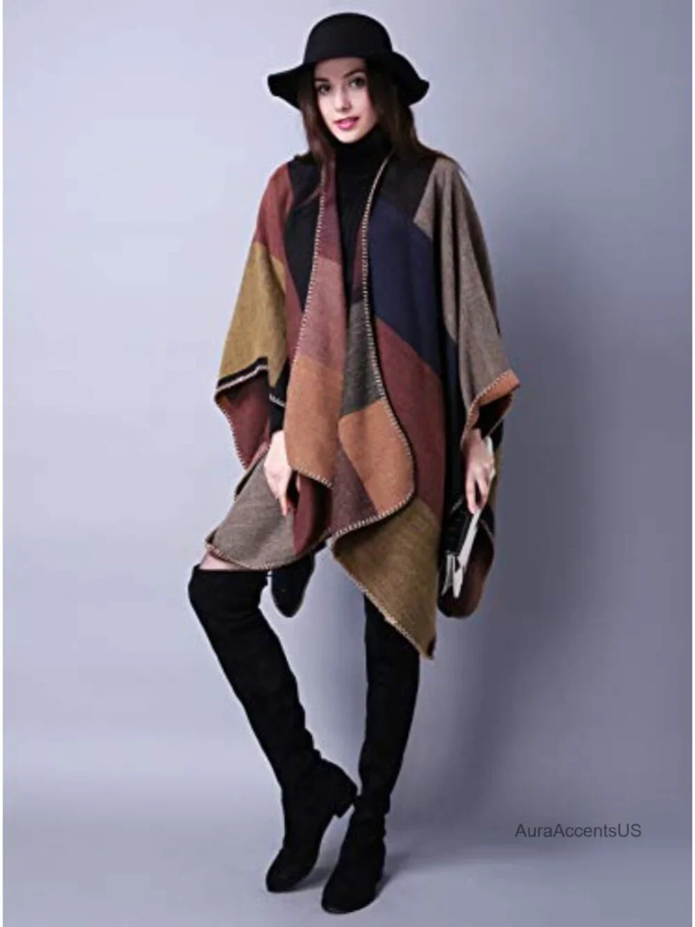 Reversible Open Front Poncho Wrap Shawl Cape for Winter